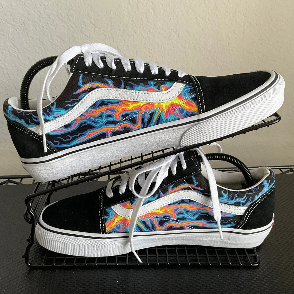 Vans Old Skool Black Multi Color Lightning Flame Skate Shoes Mens 9.5 Womens 11